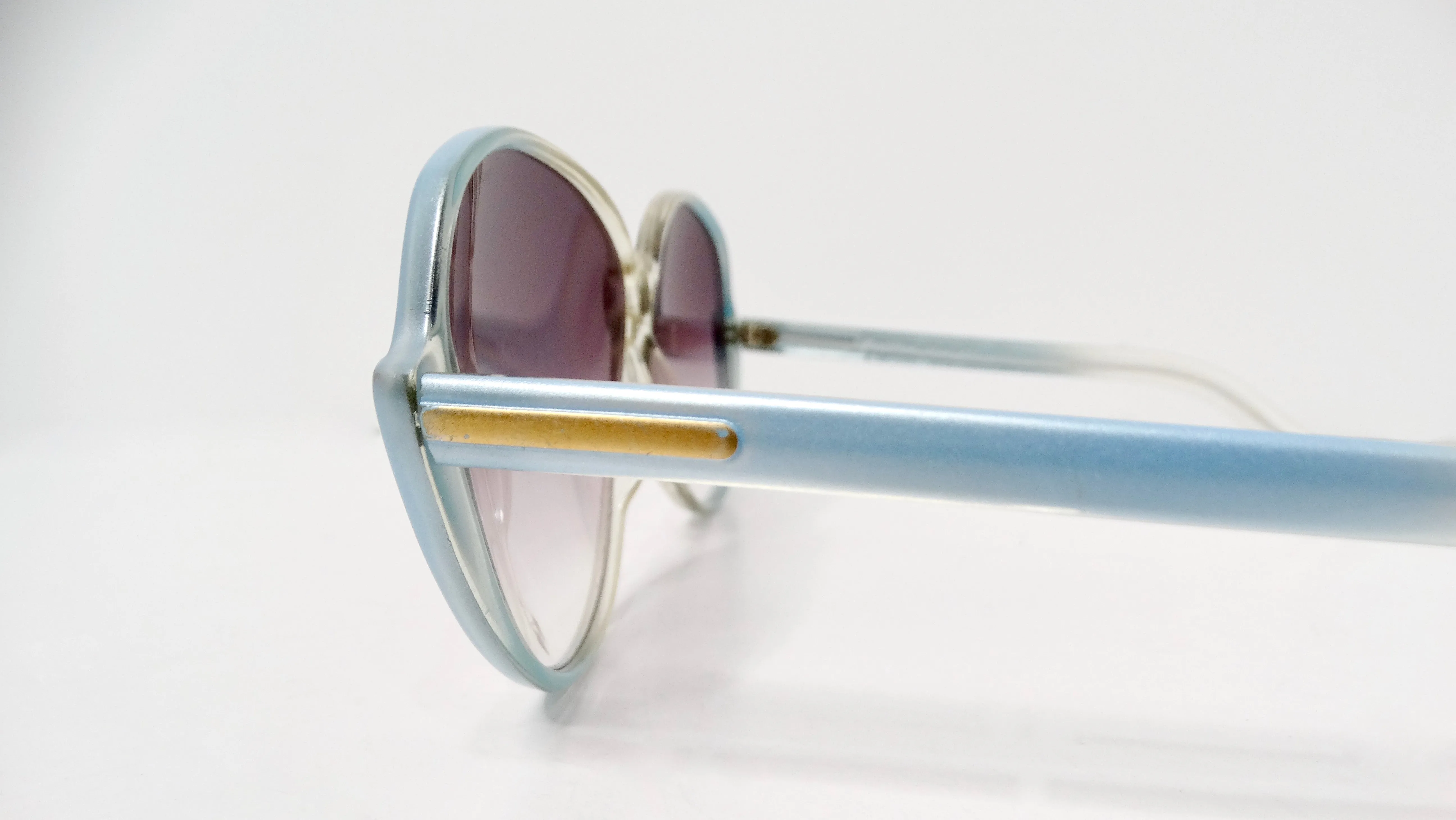 1980s Papillon Light Blue Tinted Purple Lens Oversized Round Sunglasses
