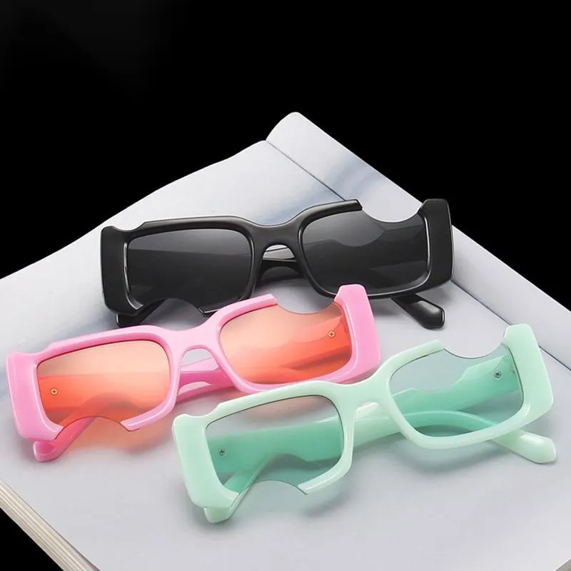2021 Vintage Rectangle Notch Women Men Sunglasses Black Pink Lenses