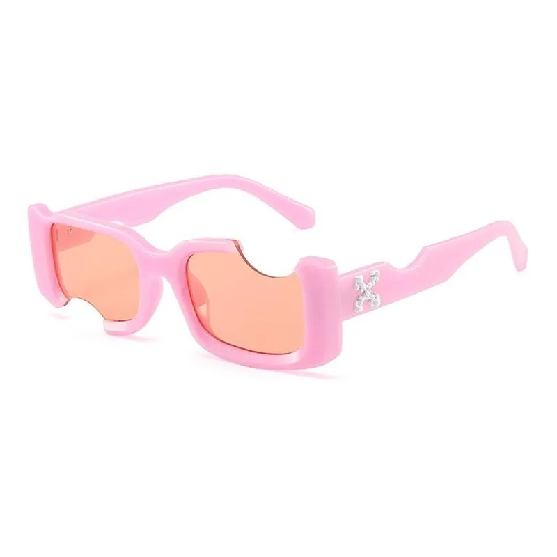 2021 Vintage Rectangle Notch Women Men Sunglasses Black Pink Lenses