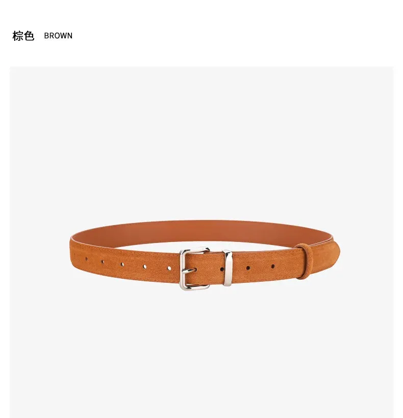 2024 New Suede Cowhide Belt for Women Stylish Genuine Leather Waist Belt Silver Buckle Waistband Jeans and Pants Skinny Belts