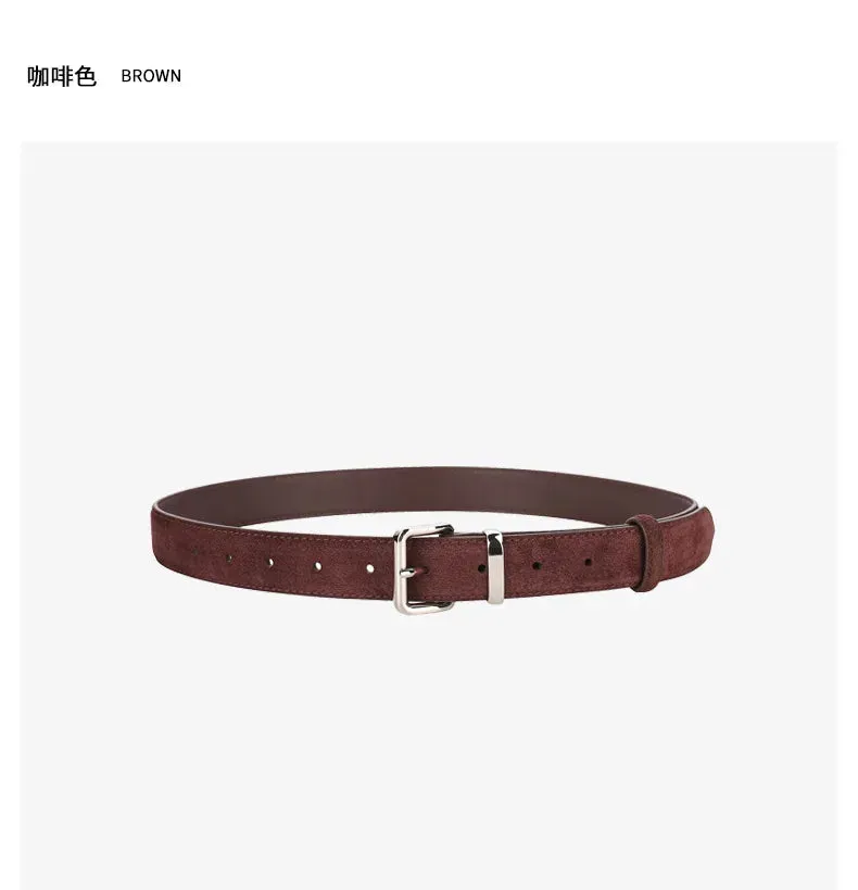 2024 New Suede Cowhide Belt for Women Stylish Genuine Leather Waist Belt Silver Buckle Waistband Jeans and Pants Skinny Belts