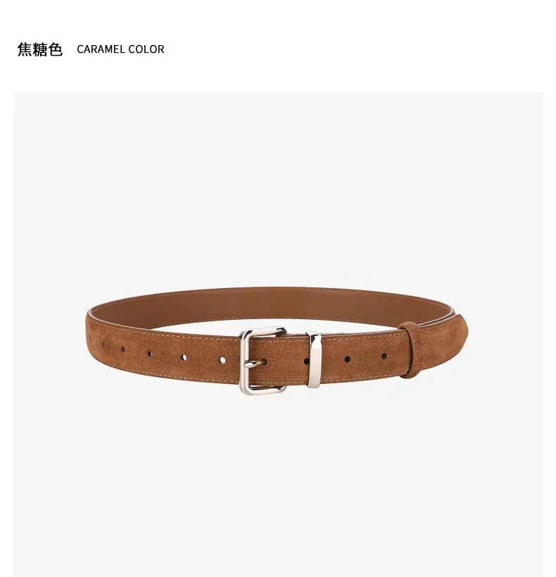 2024 New Suede Cowhide Belt for Women Stylish Genuine Leather Waist Belt Silver Buckle Waistband Jeans and Pants Skinny Belts
