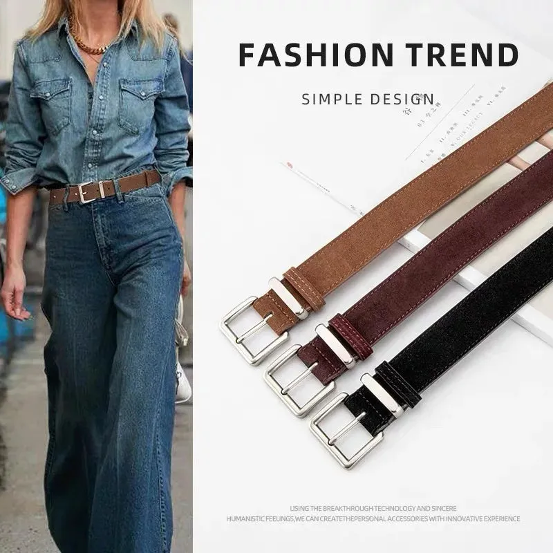2024 New Suede Cowhide Belt for Women Stylish Genuine Leather Waist Belt Silver Buckle Waistband Jeans and Pants Skinny Belts