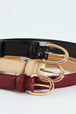3 Pack Gold Buckle Belts - Black/Taupe/Burgundy