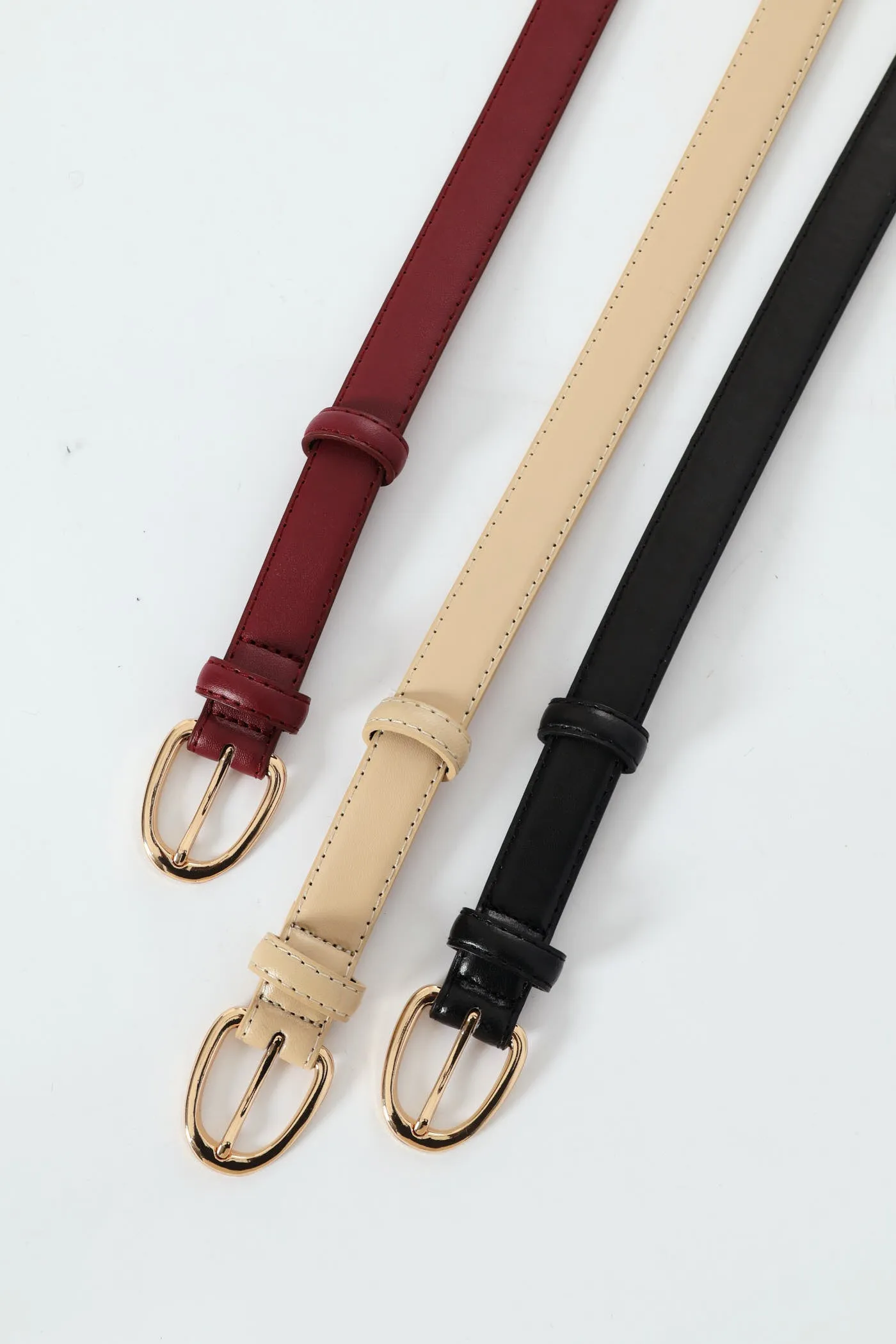 3 Pack Gold Buckle Belts - Black/Taupe/Burgundy
