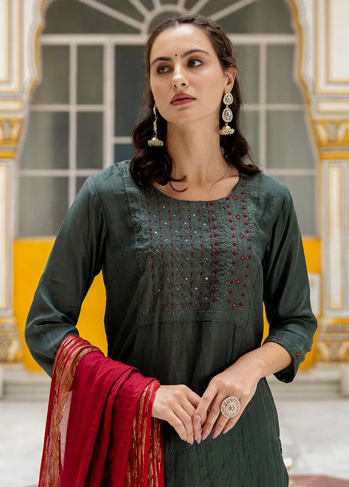 3 Pc Mehendi Pure Readymade Silk Dupatta Suit Set