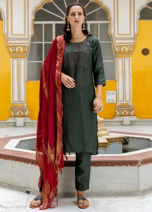 3 Pc Mehendi Pure Readymade Silk Dupatta Suit Set