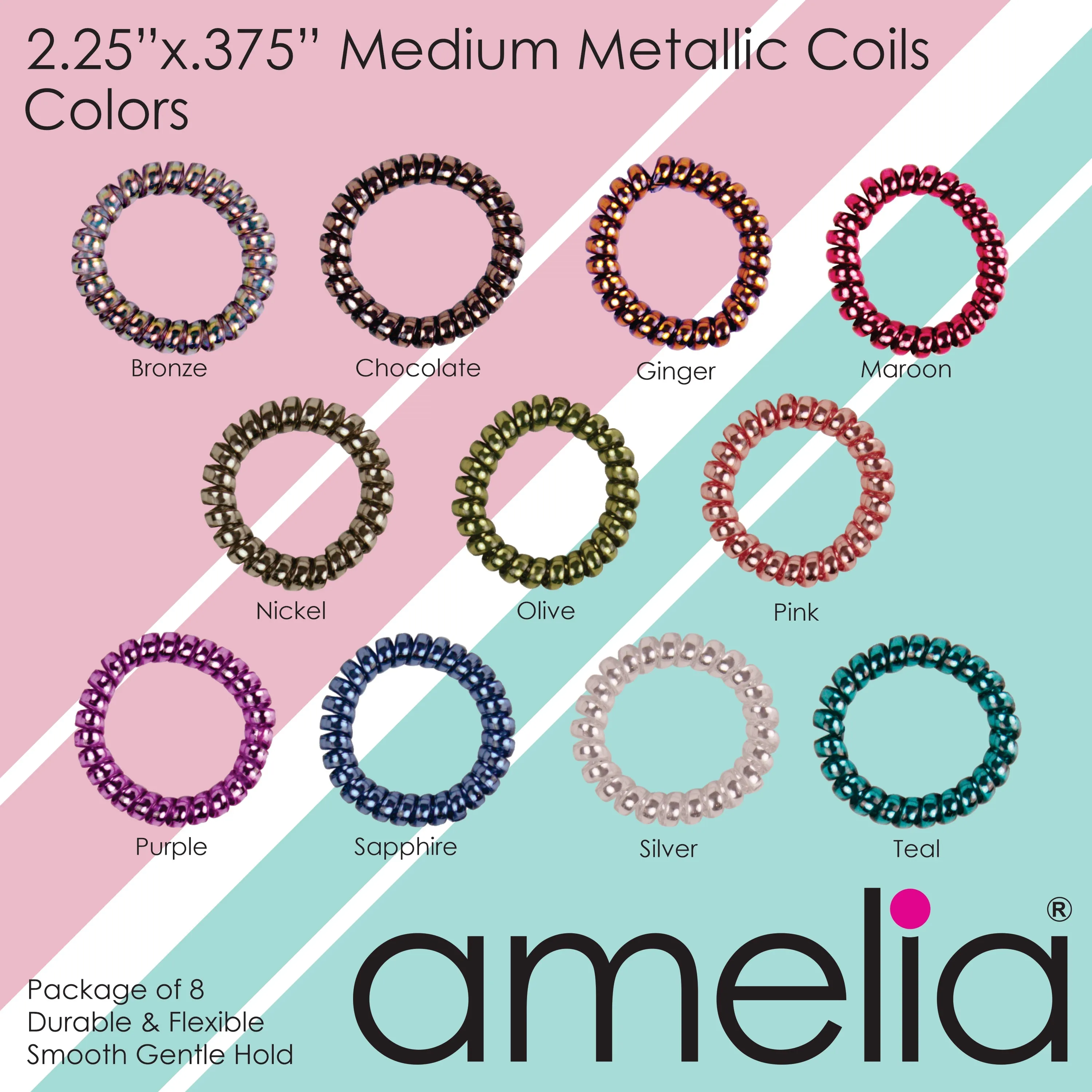 Amelia Beauty Products 8 Medium Smooth Elastic Hair Coils, 2.25in Diameter Spiral Hair Ties, Gentle on Hair, Strong Hold and Minimizes Dents and Creases, Ginger