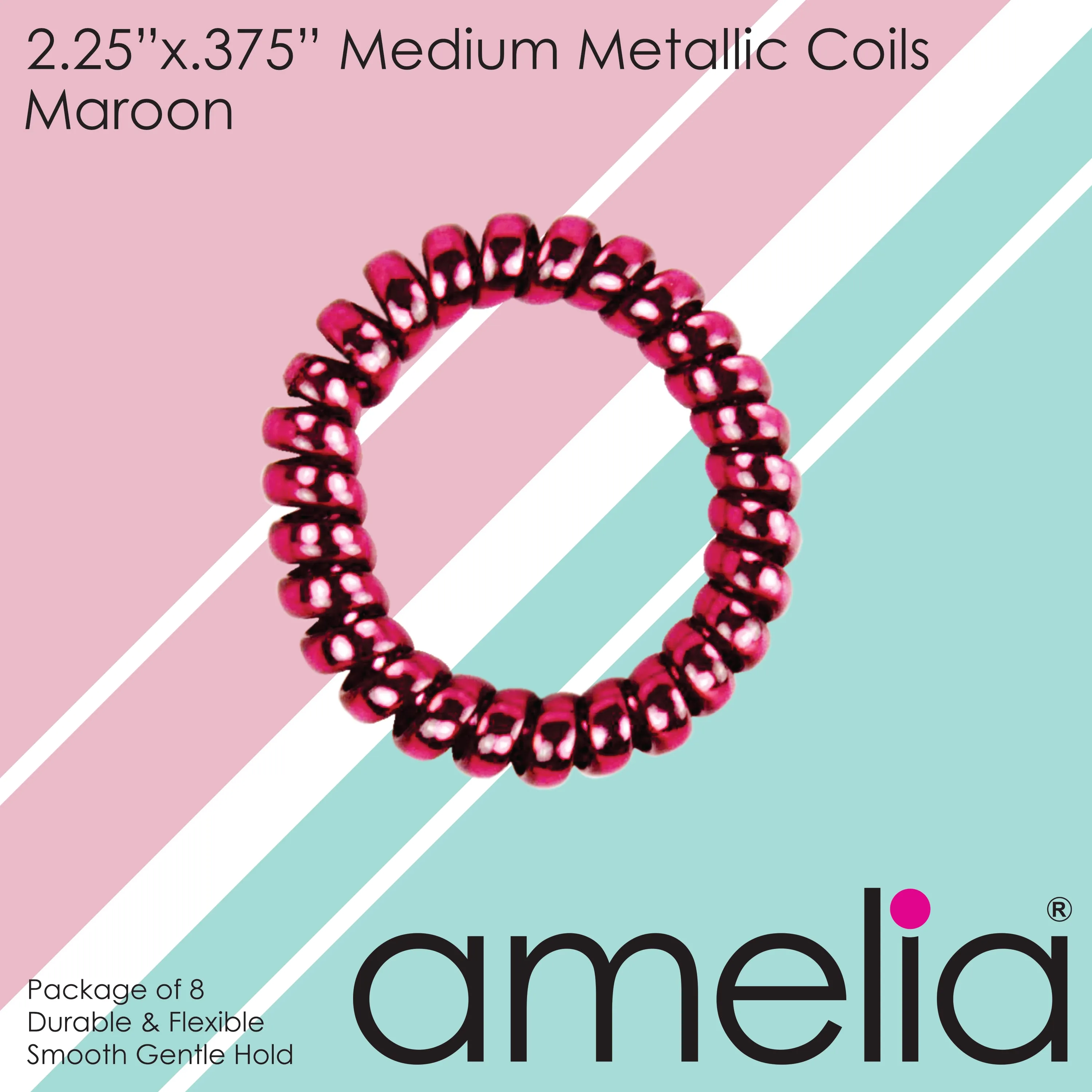 Amelia Beauty Products 8 Medium Smooth Elastic Hair Coils, 2.25in Diameter Spiral Hair Ties, Gentle on Hair, Strong Hold and Minimizes Dents and Creases, Maroon