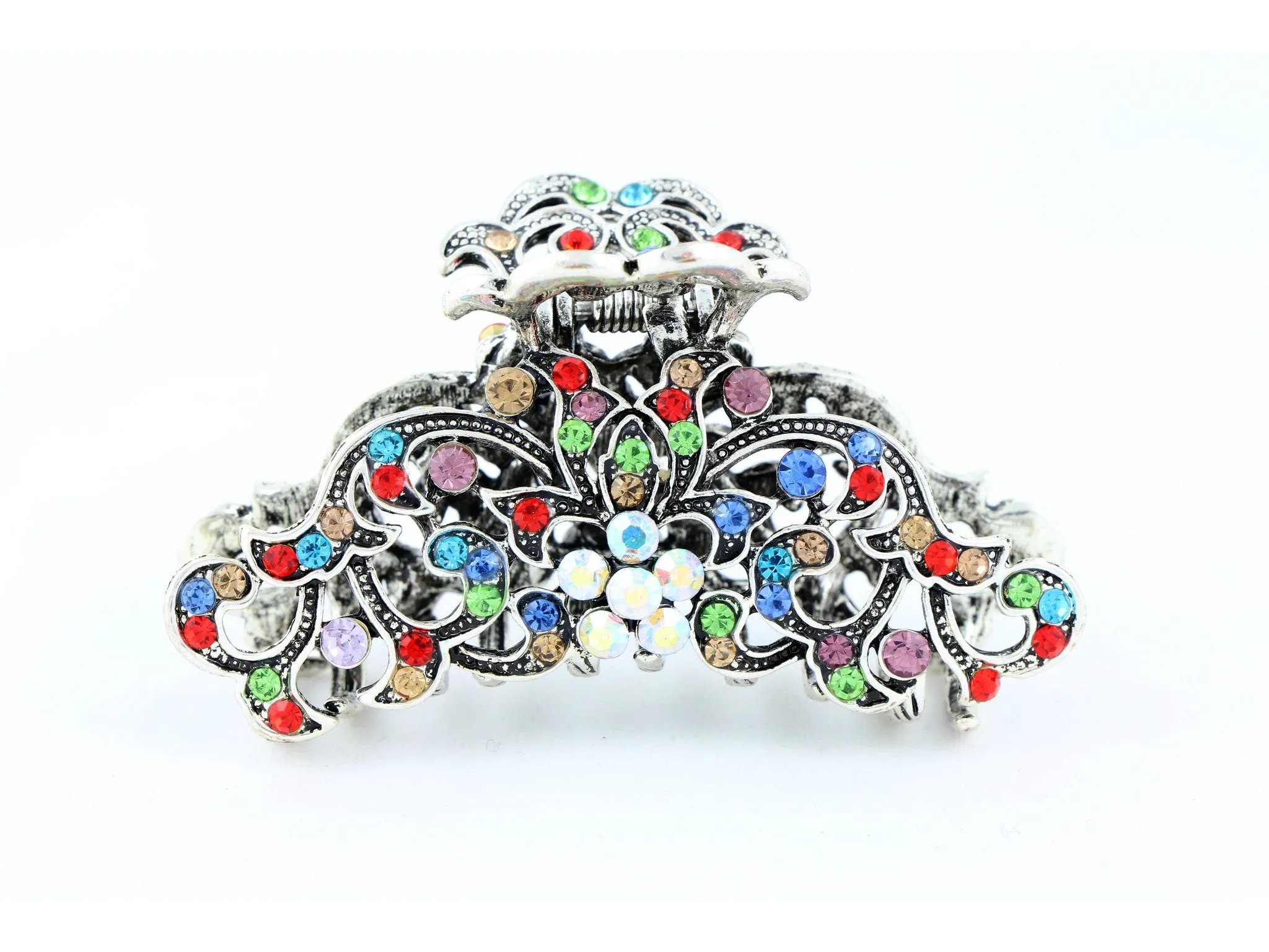 Antique silver metallic hair claw clip with colored rhinestones - Multi Color