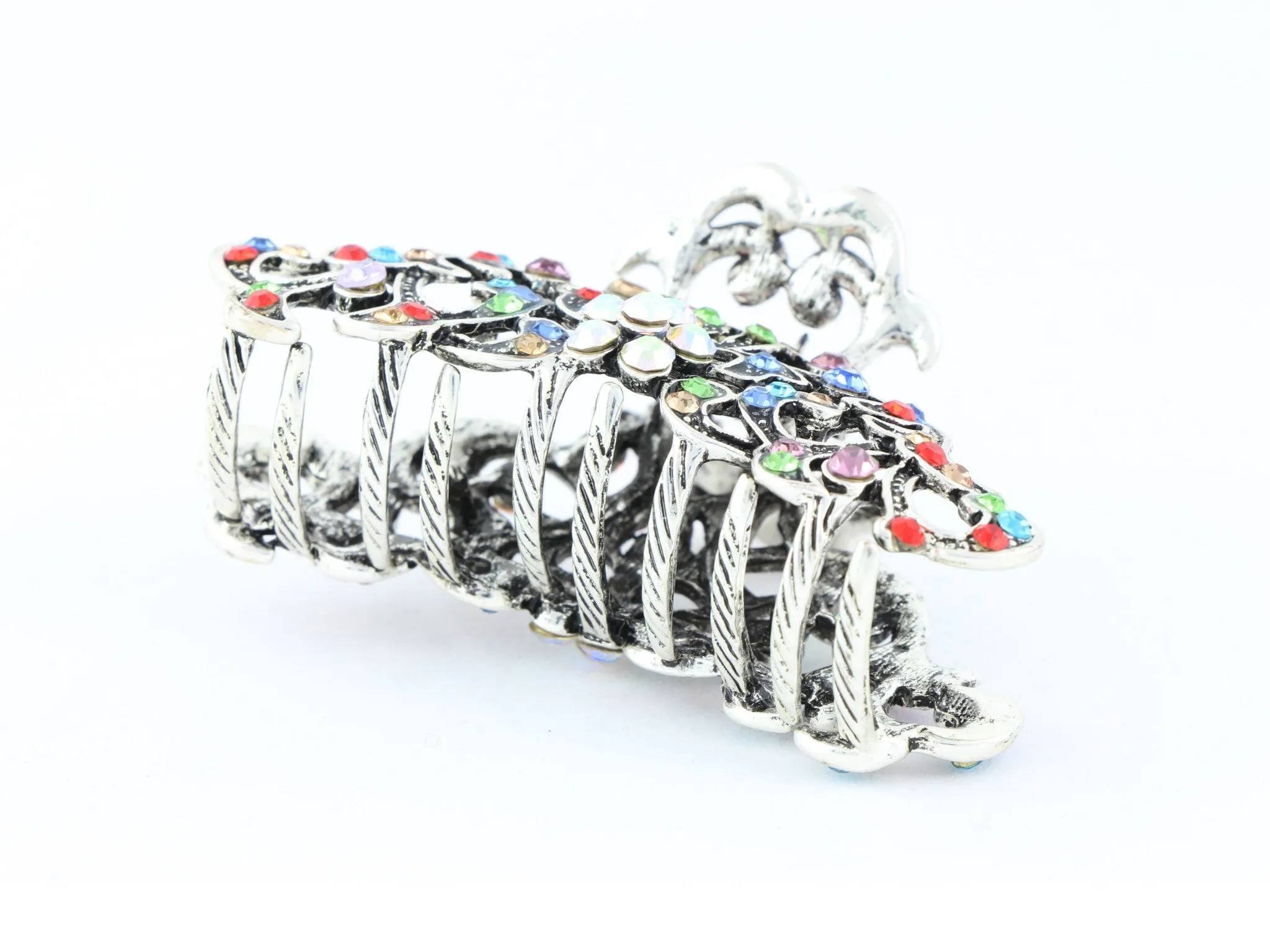 Antique silver metallic hair claw clip with colored rhinestones - Multi Color