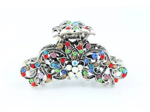 Antique silver metallic hair claw clip with colored rhinestones - Multi Color