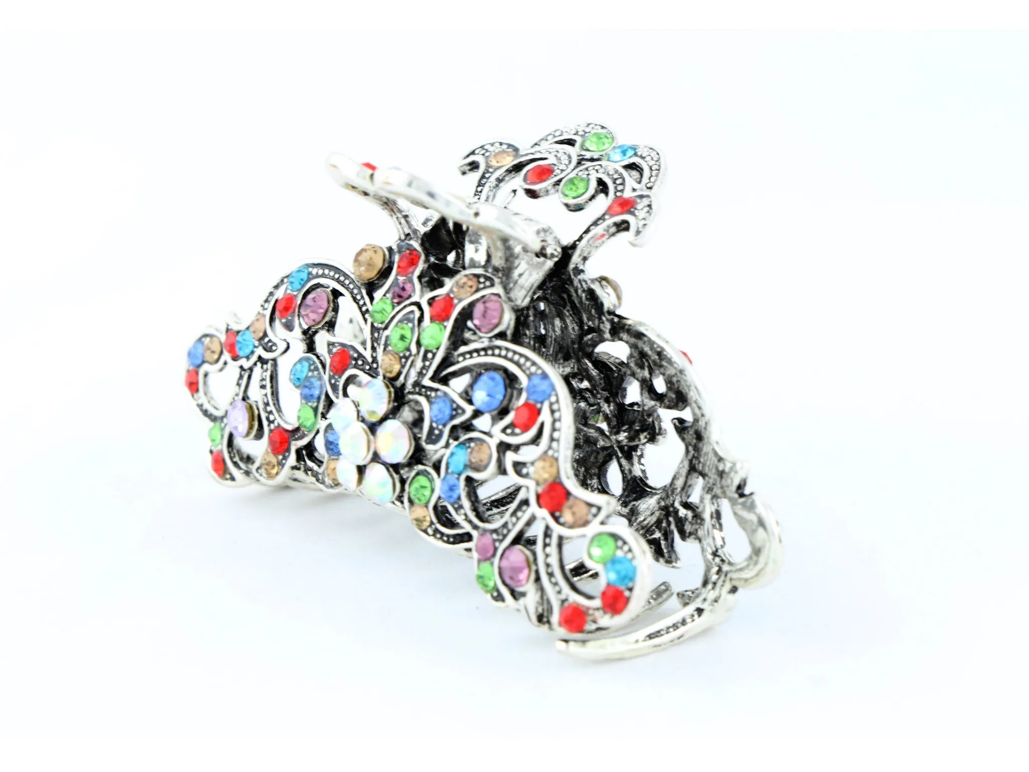 Antique silver metallic hair claw clip with colored rhinestones - Multi Color