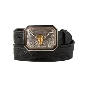 Ariat Mens Long Horn Floral Embossed Black Belt