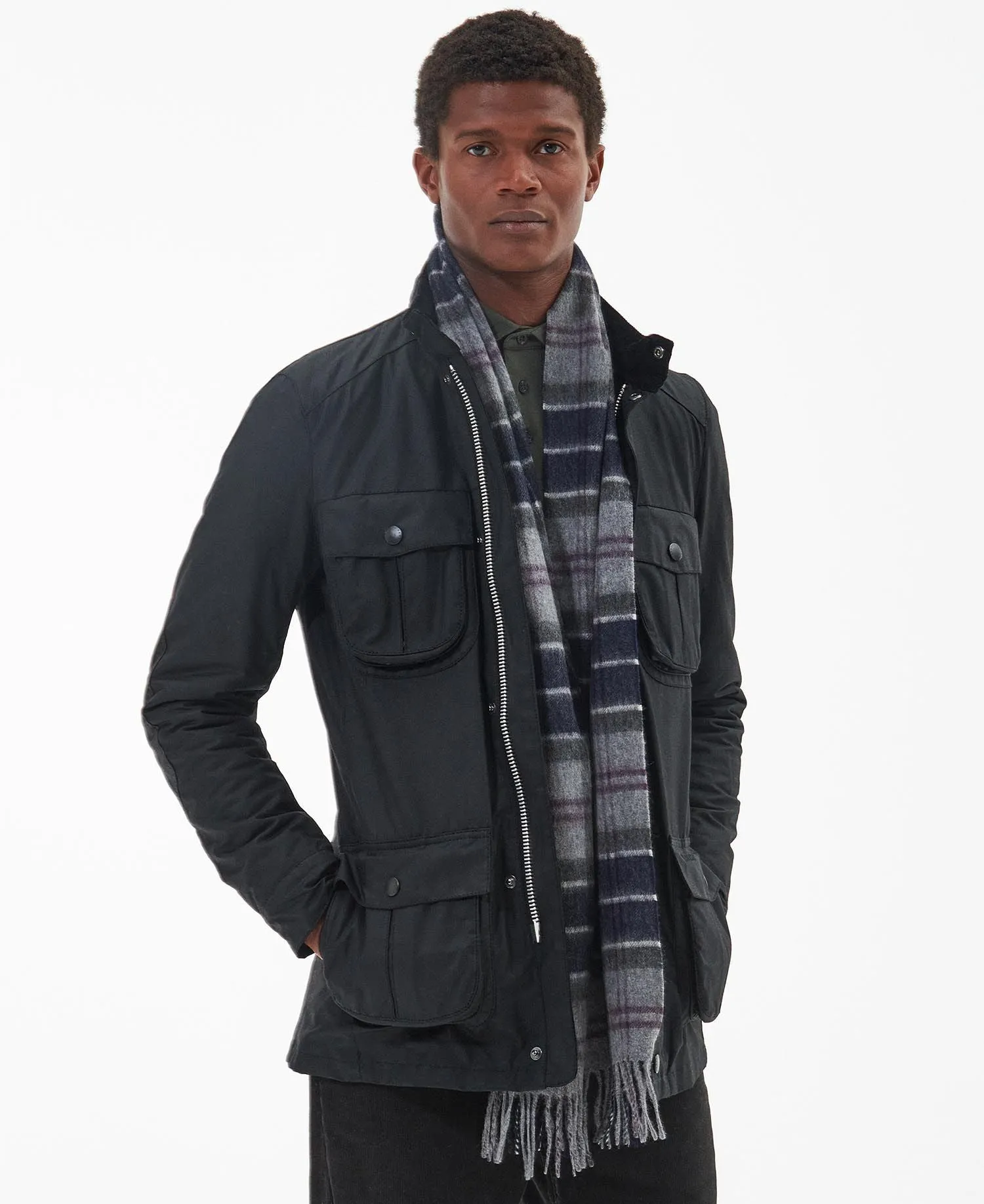 Barbour Merino Cashmere Black Slate Tartan Scarf