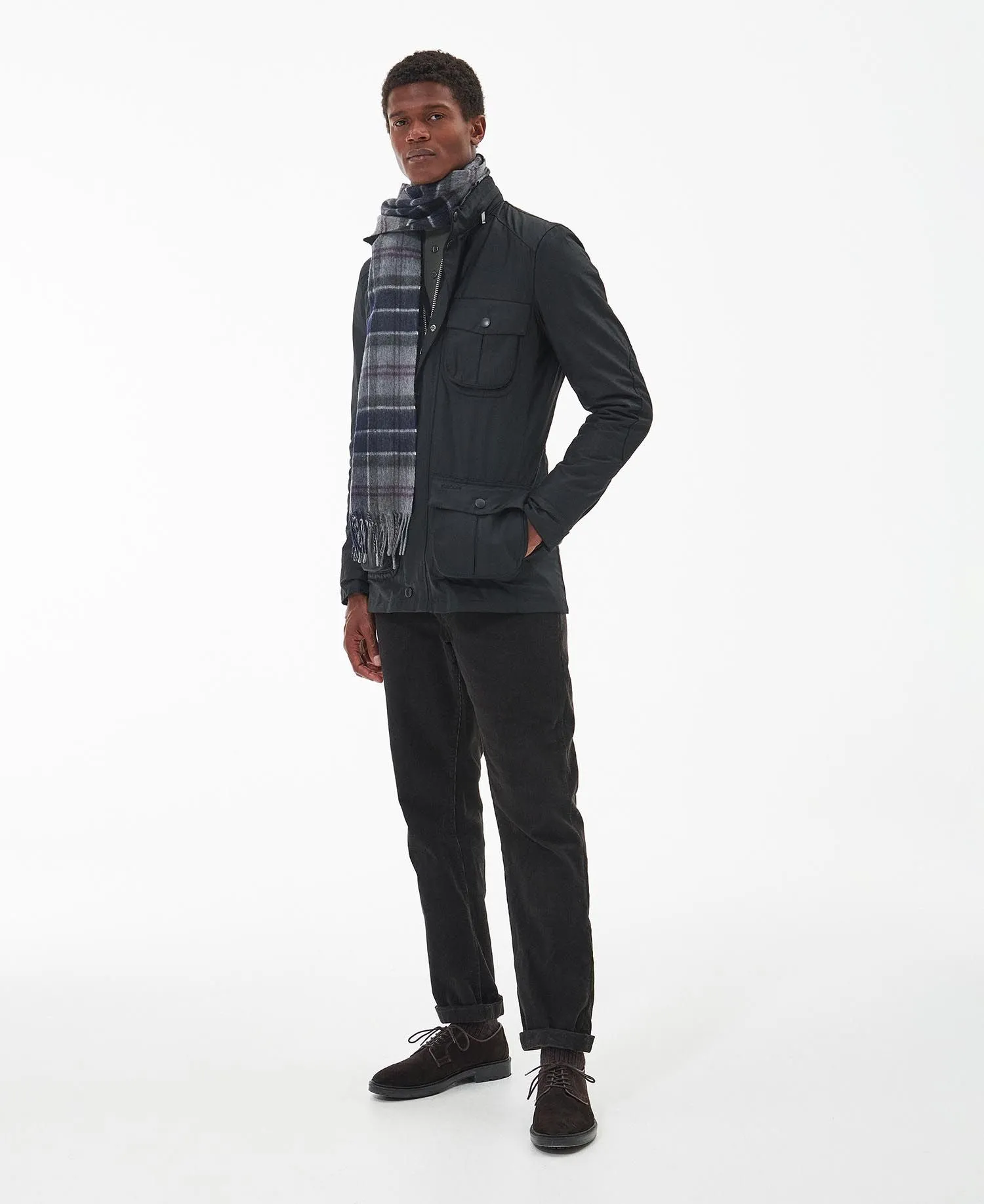 Barbour Merino Cashmere Black Slate Tartan Scarf