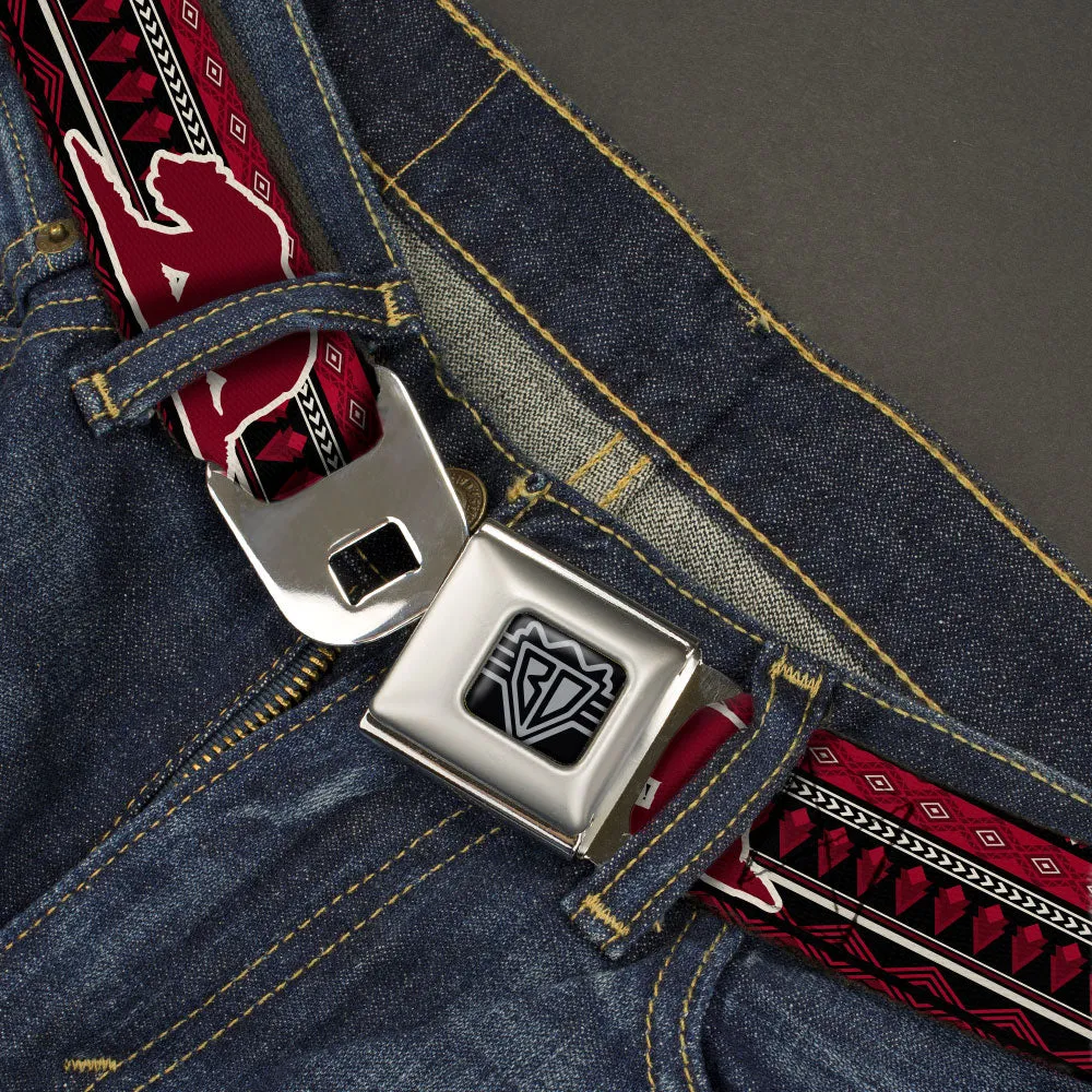 BD Wings Logo CLOSE-UP Black/Silver Seatbelt Belt - Cali Bear/Aztec4 Black/Dark Reds/Cream Webbing