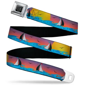 BD Wings Logo CLOSE-UP Black/Silver Seatbelt Belt - Sailboat Sunset Oranges/Yellow/Blues Webbing