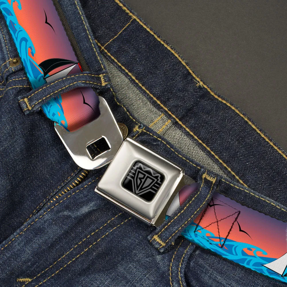 BD Wings Logo CLOSE-UP Black/Silver Seatbelt Belt - Sailboat Sunset Oranges/Yellow/Blues Webbing