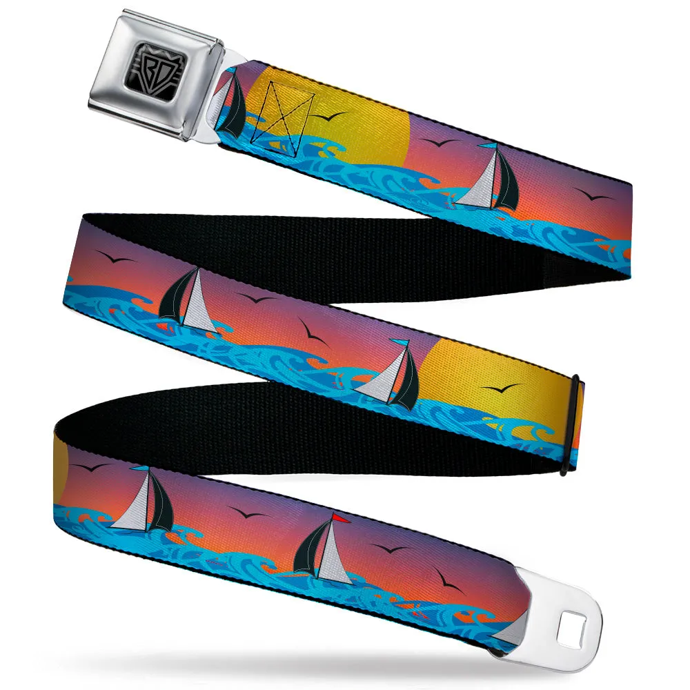 BD Wings Logo CLOSE-UP Black/Silver Seatbelt Belt - Sailboat Sunset Oranges/Yellow/Blues Webbing