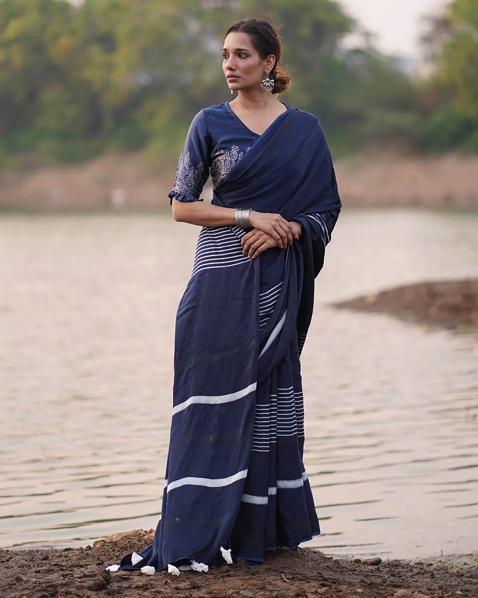 Bhoomi Blockprinted Modal Silk Saree - Jaisal