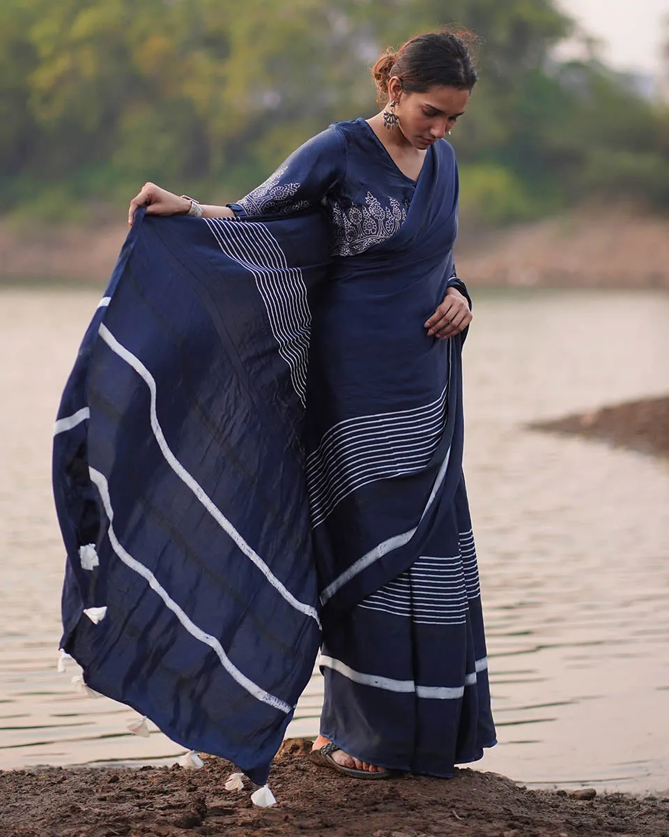 Bhoomi Blockprinted Modal Silk Saree - Jaisal