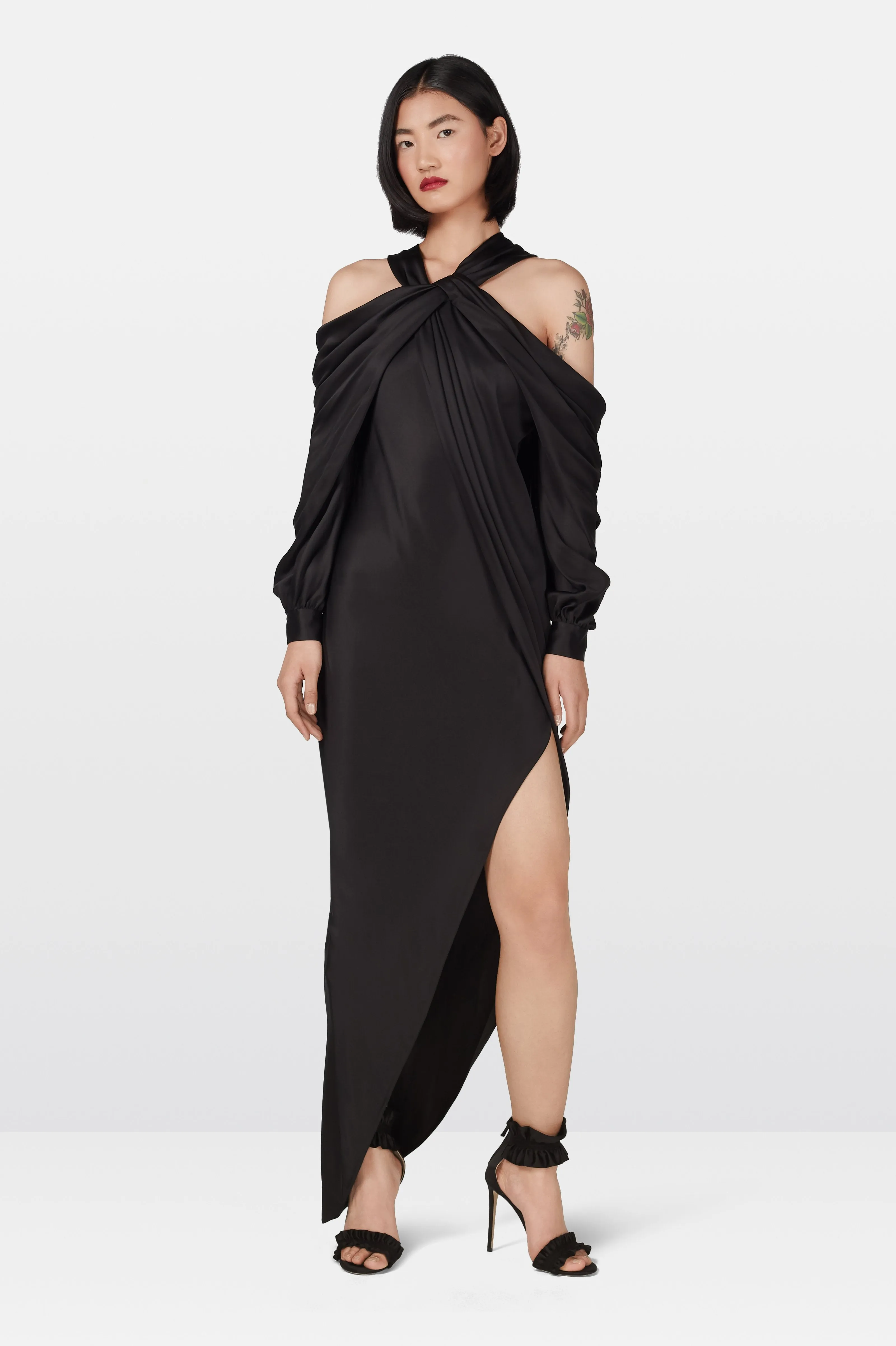Black Double Silk Satin Off The Shoulder Draped Dress