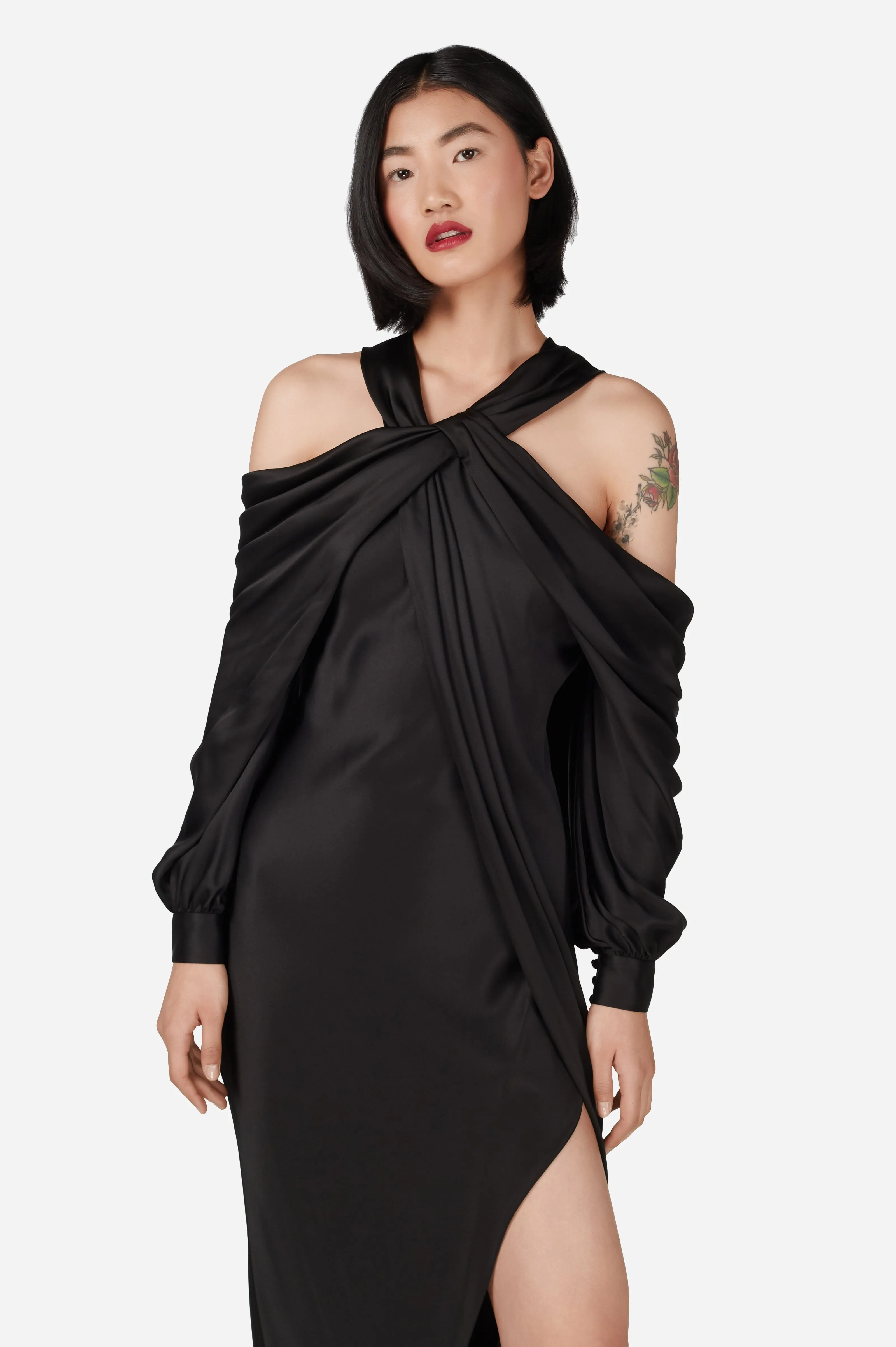 Black Double Silk Satin Off The Shoulder Draped Dress