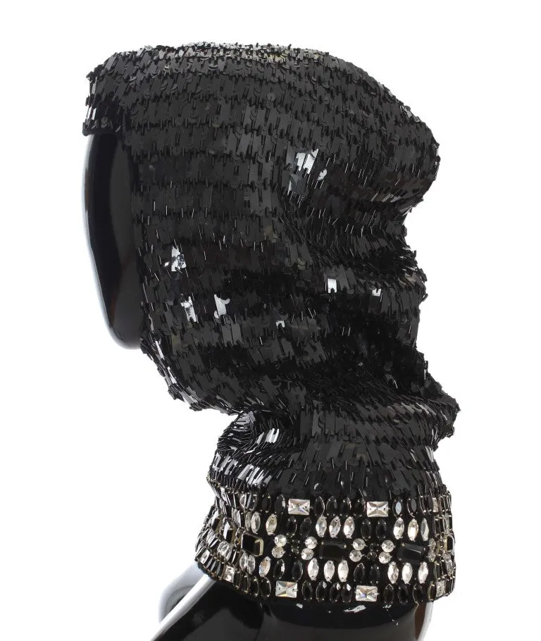 Black Knitted Wool Crystal Beaded Hood Scarf Hat