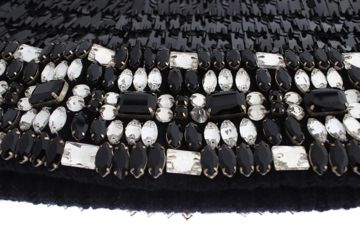Black Knitted Wool Crystal Beaded Hood Scarf Hat