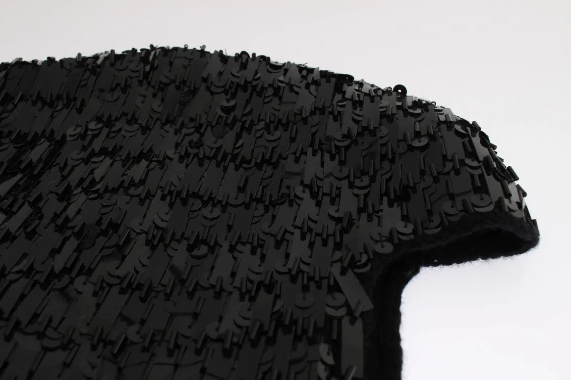 Black Knitted Wool Crystal Beaded Hood Scarf Hat