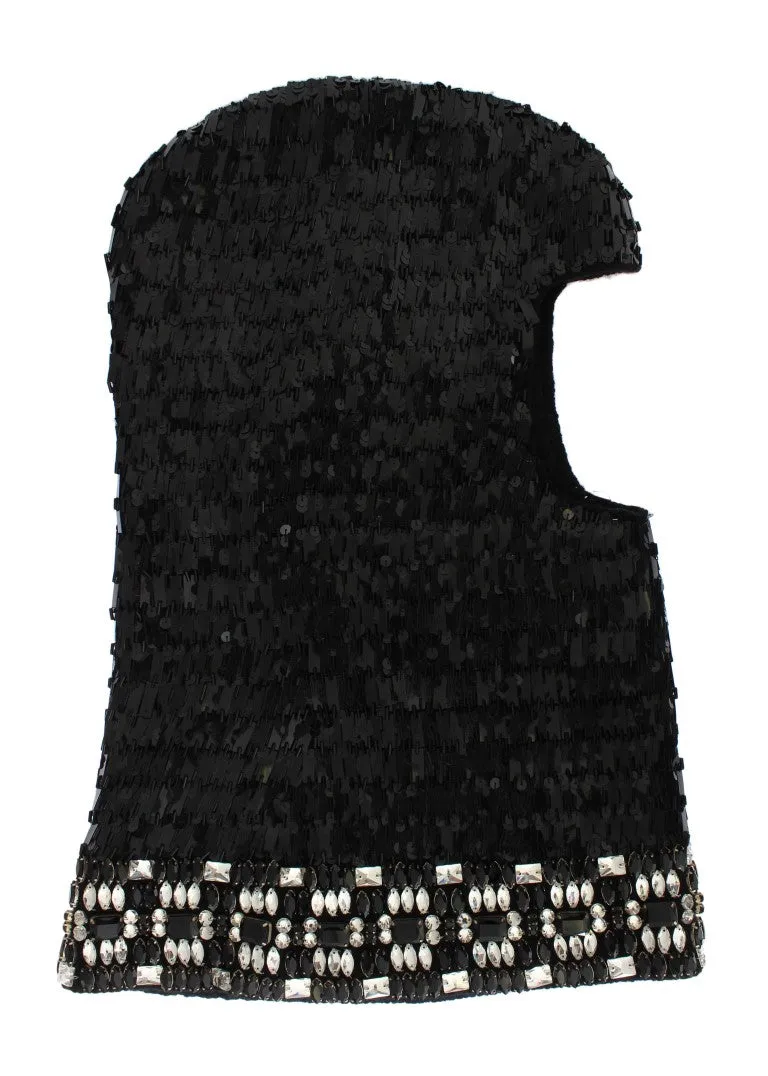 Black Knitted Wool Crystal Beaded Hood Scarf Hat
