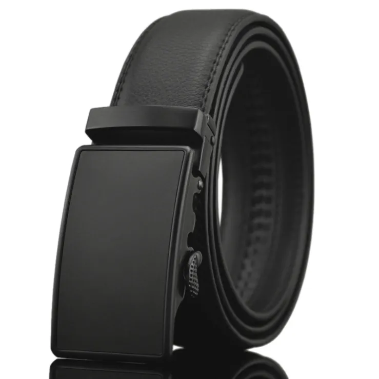 Black Mens Adjustable Ratchet Slide Buckle Belt - Genuine Leather