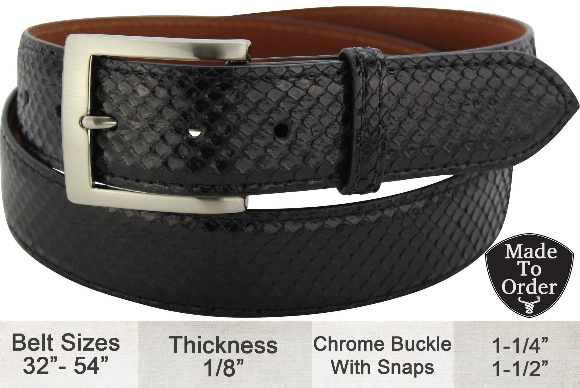 Black Python Snake Skin Designer Full Grain Leather Belt **Made To Order Allow 5 To 6 Weeks To Ship