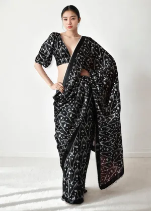 Black Spun Silk Saree With Blouse Piece