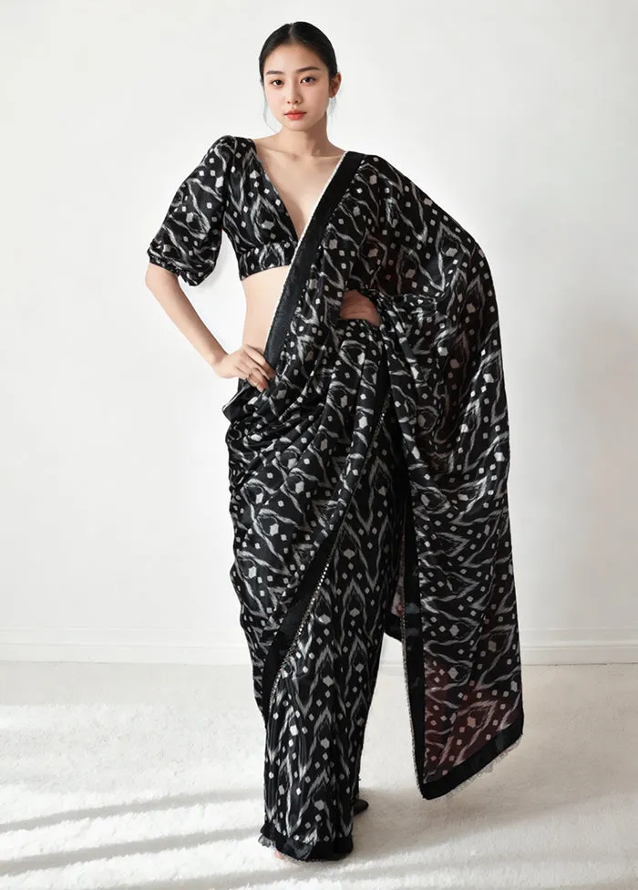 Black Spun Silk Saree With Blouse Piece