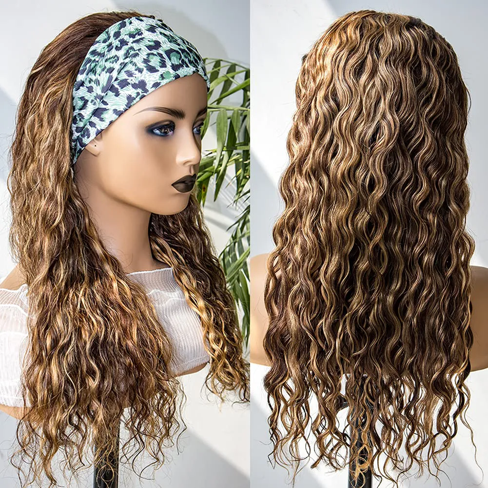 Blonde Highlight Wig Water Wave Headband Human Hair Wigs