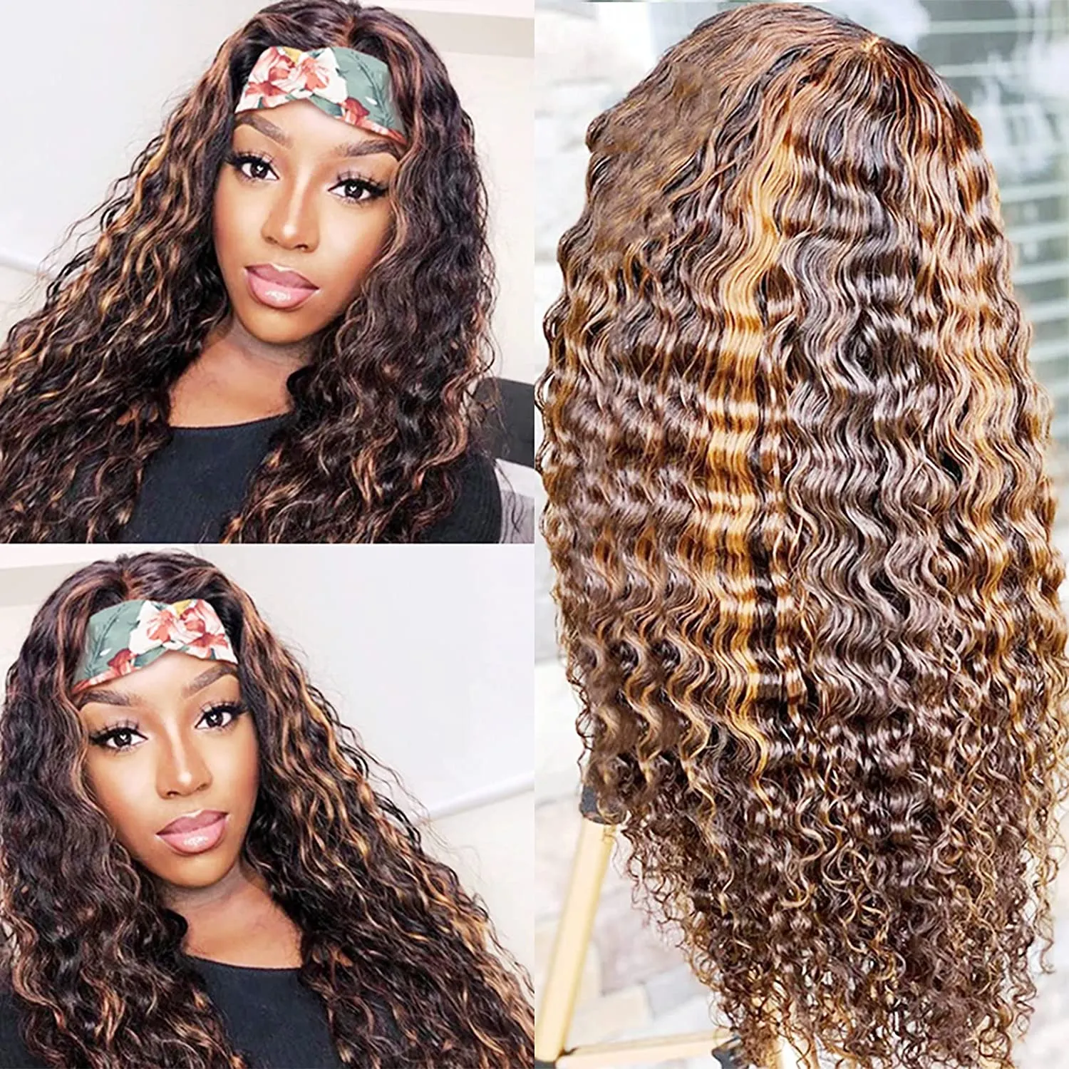 Blonde Highlight Wig Water Wave Headband Human Hair Wigs