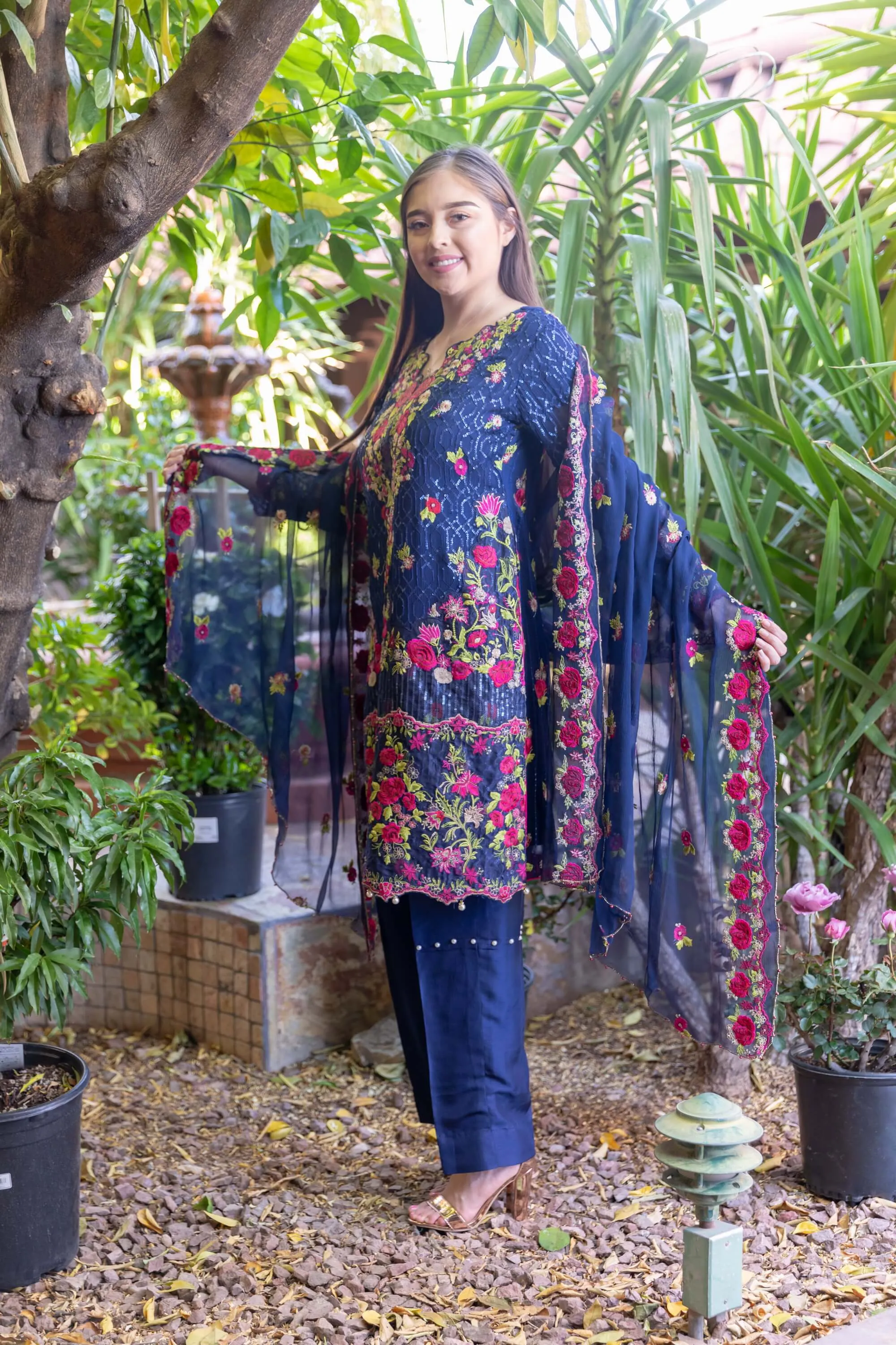 Blue Chiffon Suit With Pink-Green Embroidery