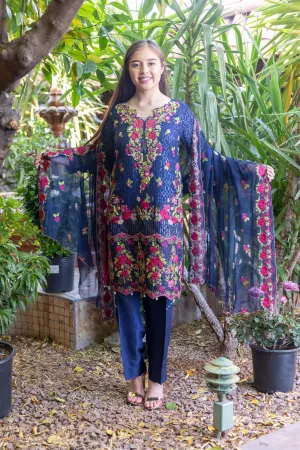 Blue Chiffon Suit With Pink-Green Embroidery
