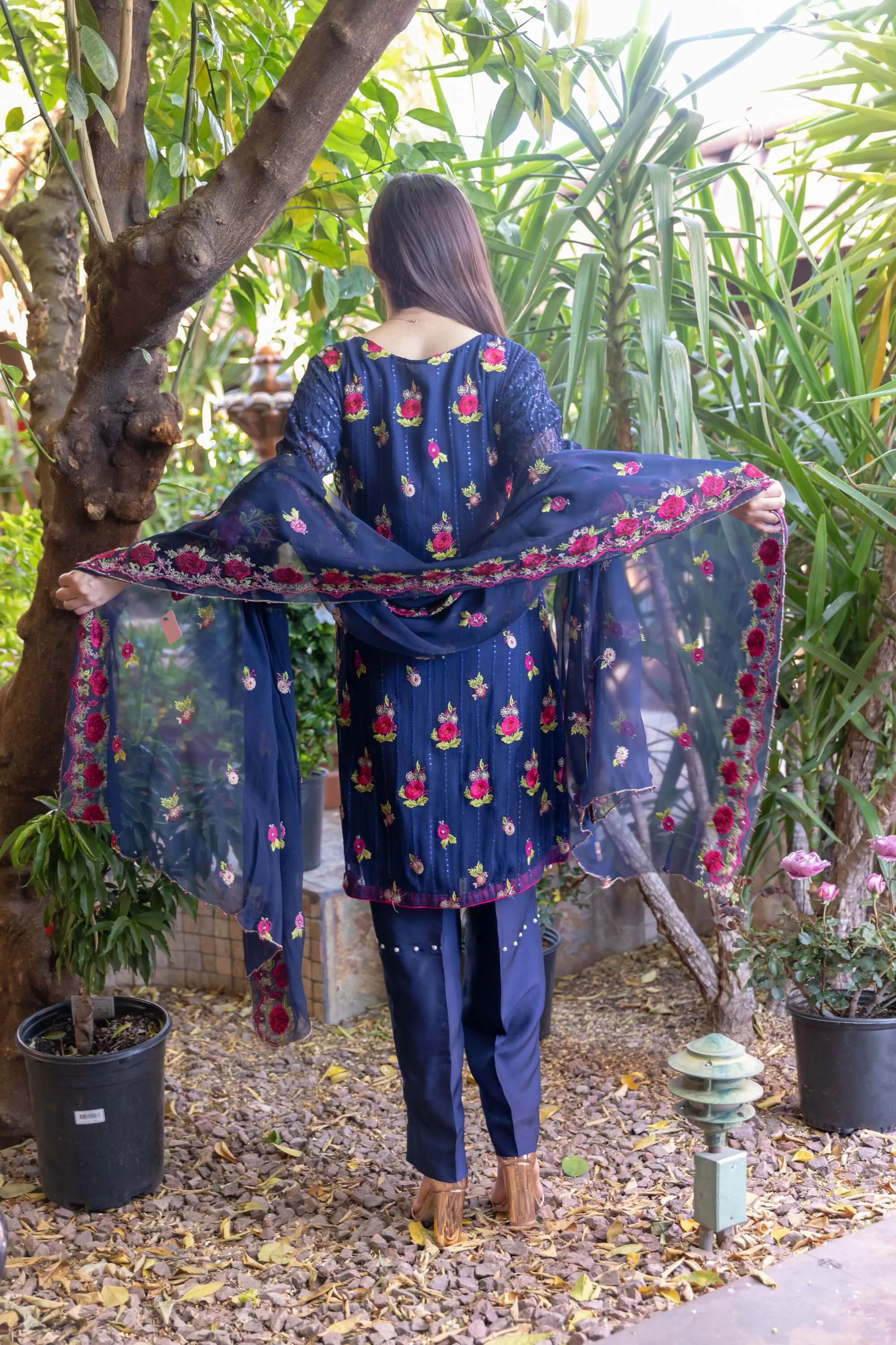 Blue Chiffon Suit With Pink-Green Embroidery