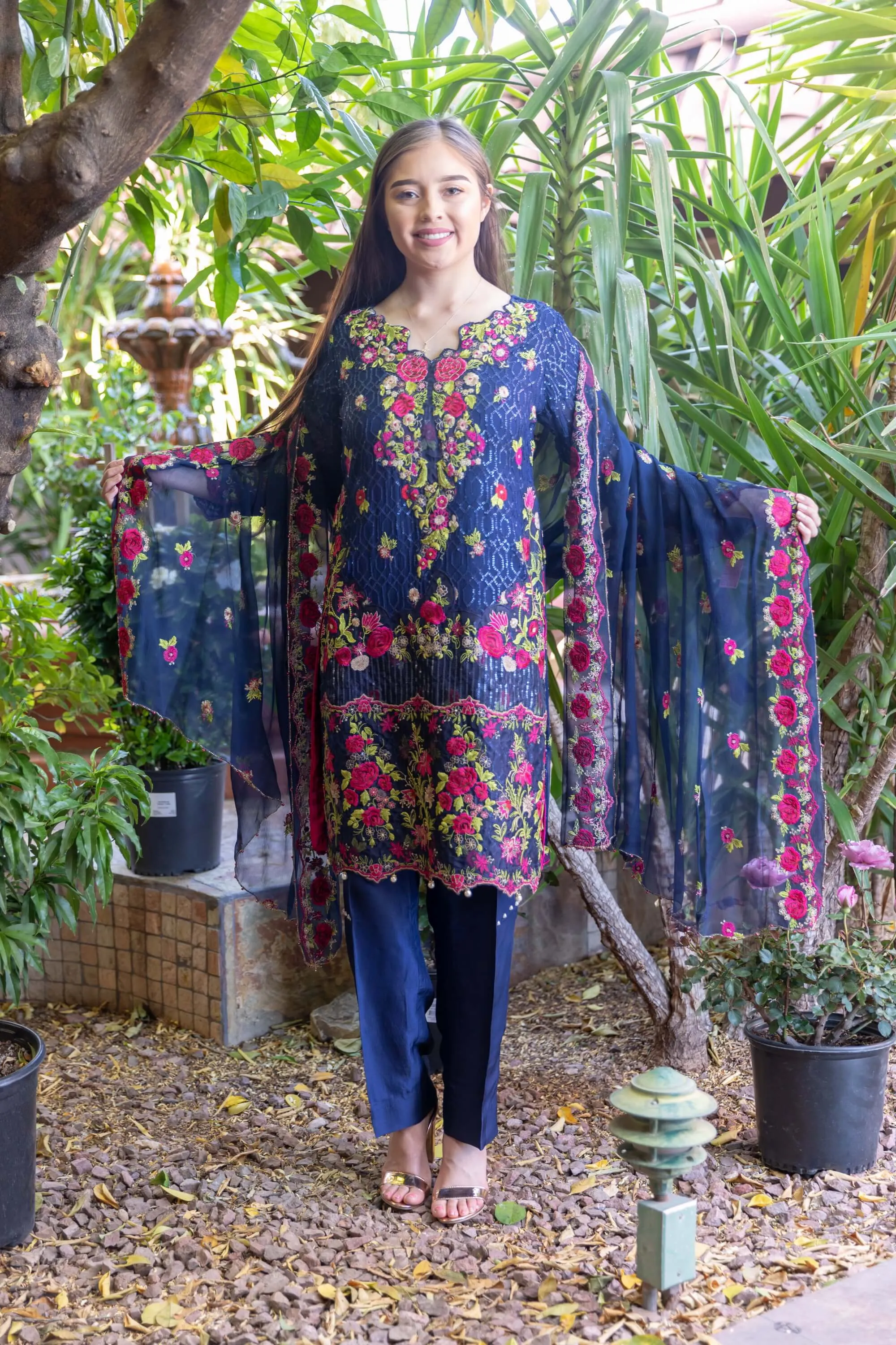 Blue Chiffon Suit With Pink-Green Embroidery
