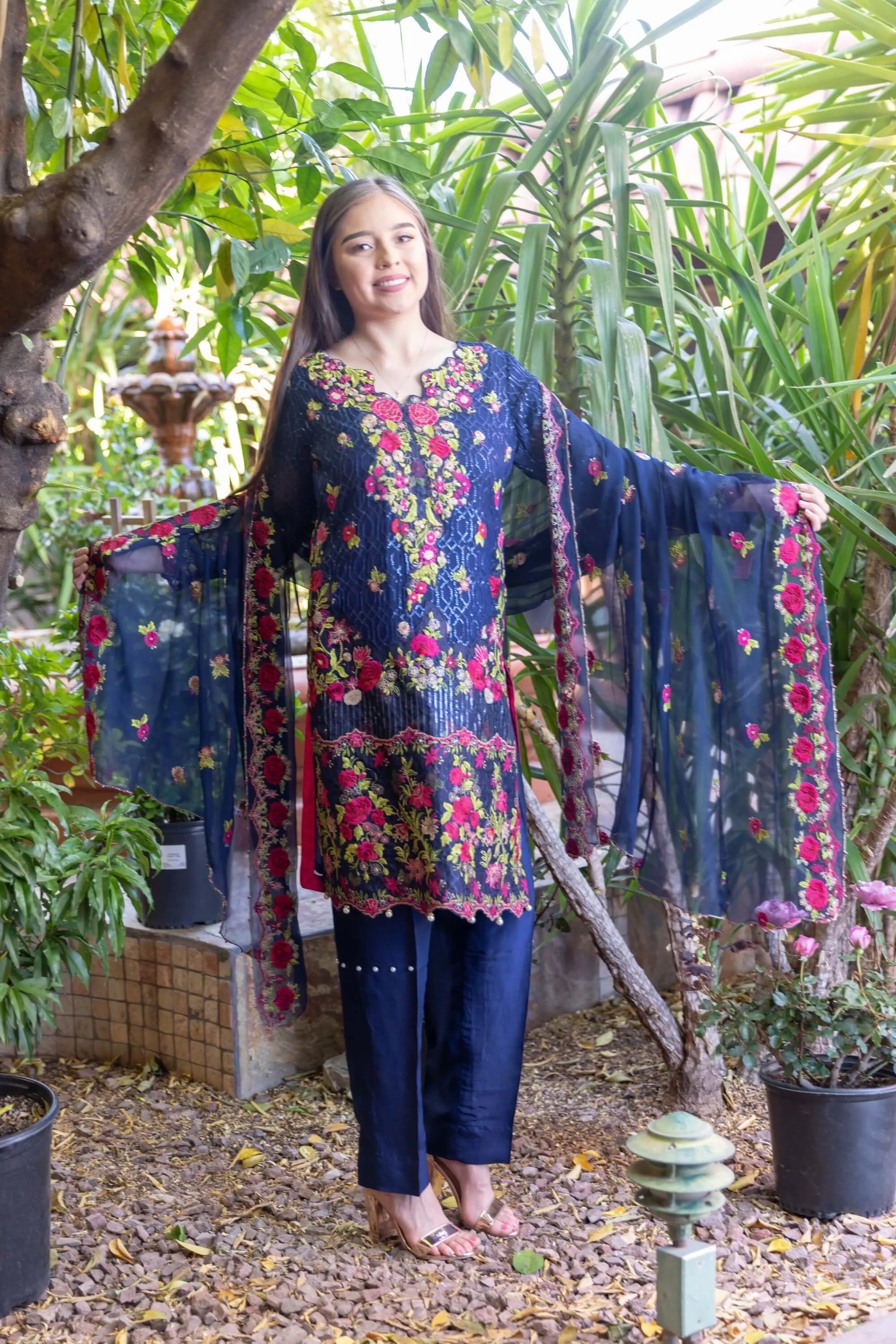 Blue Chiffon Suit With Pink-Green Embroidery