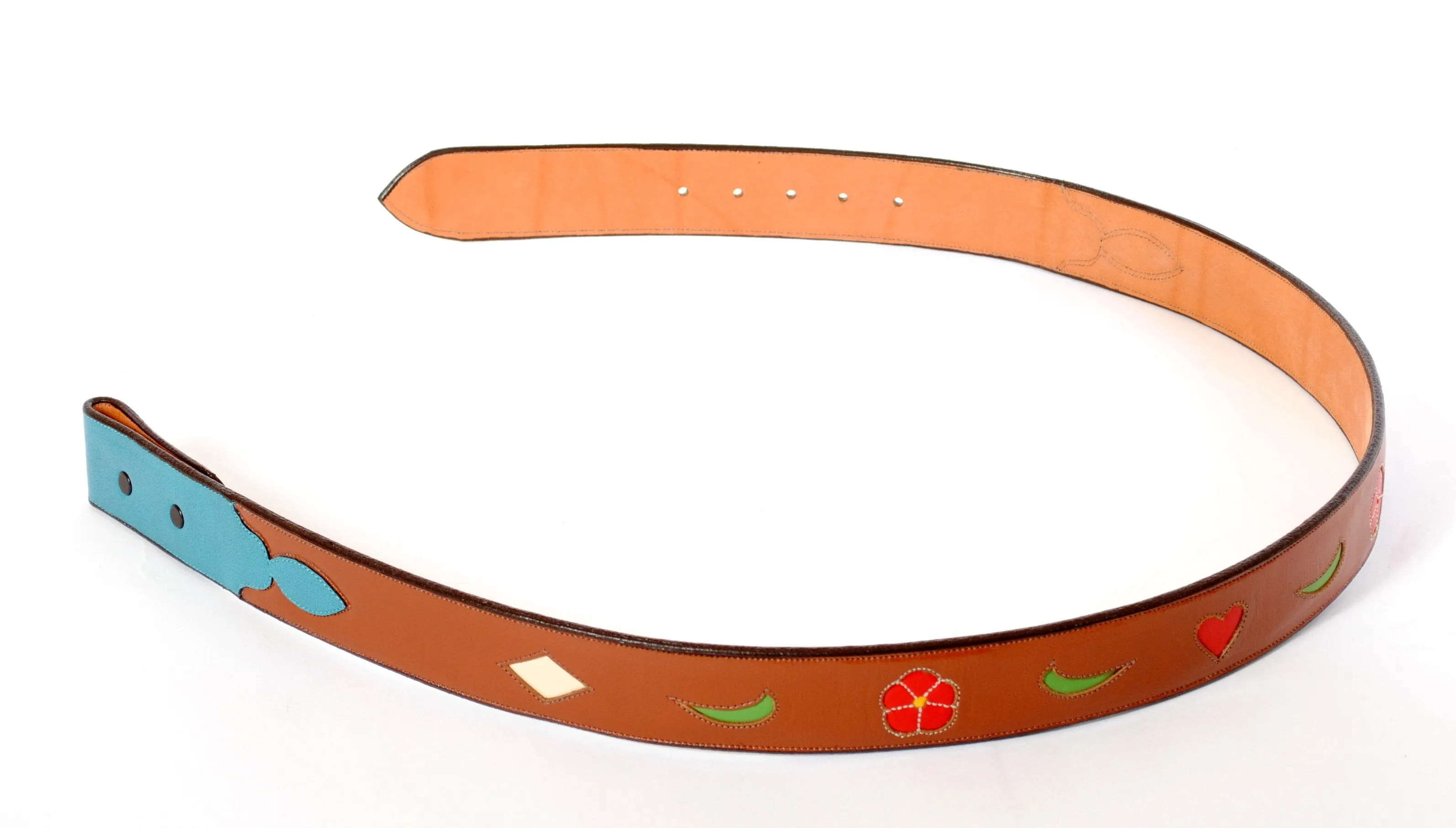 Brown Handmade Belt with Floral & Heart Inlaid Designs sz 41-1/2"