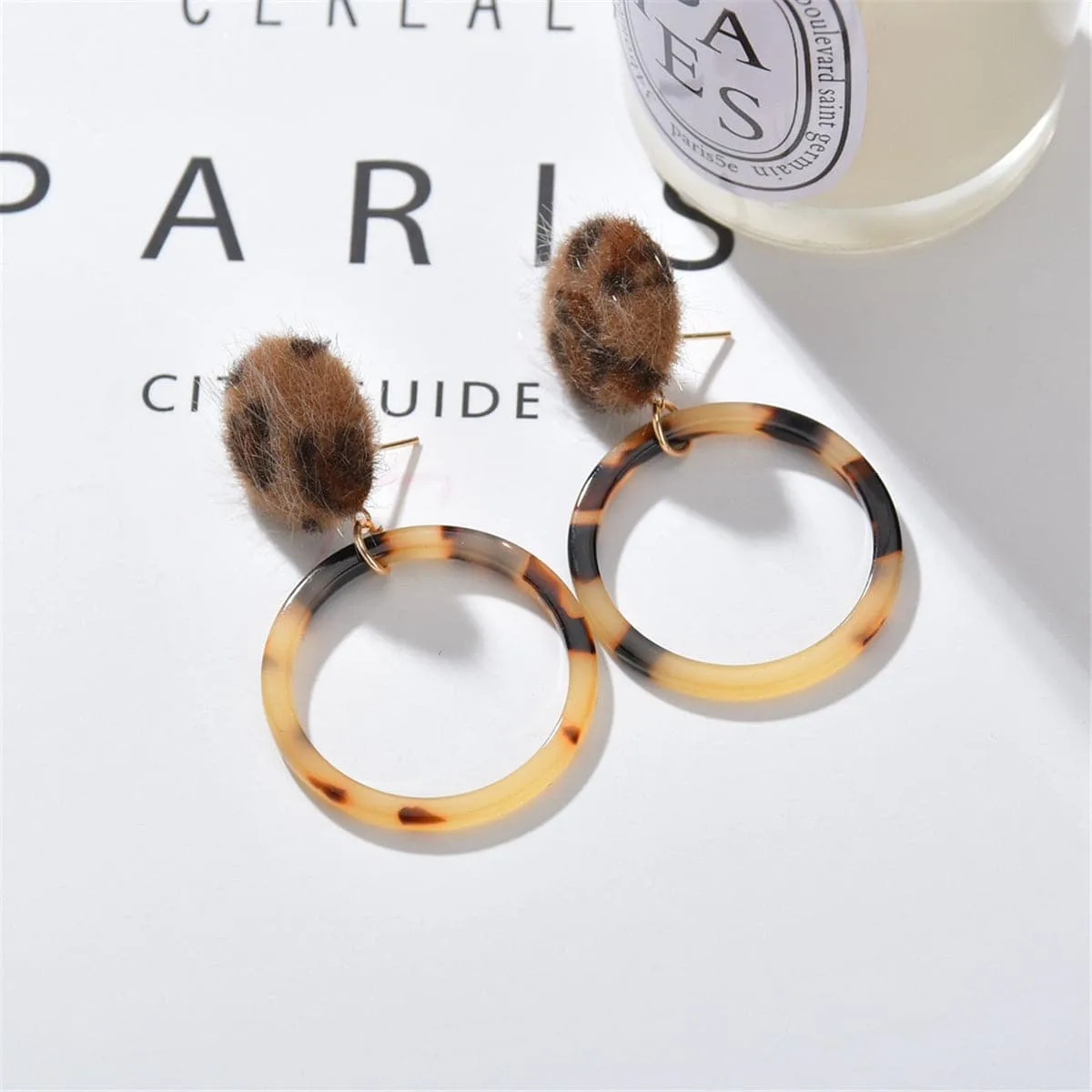 Brown Leopard Wool Open Circle Drop Earrings