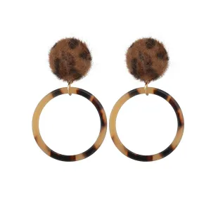 Brown Leopard Wool Open Circle Drop Earrings