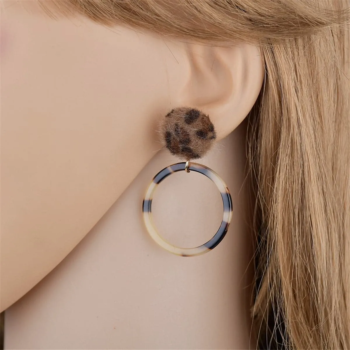 Brown Leopard Wool Open Circle Drop Earrings