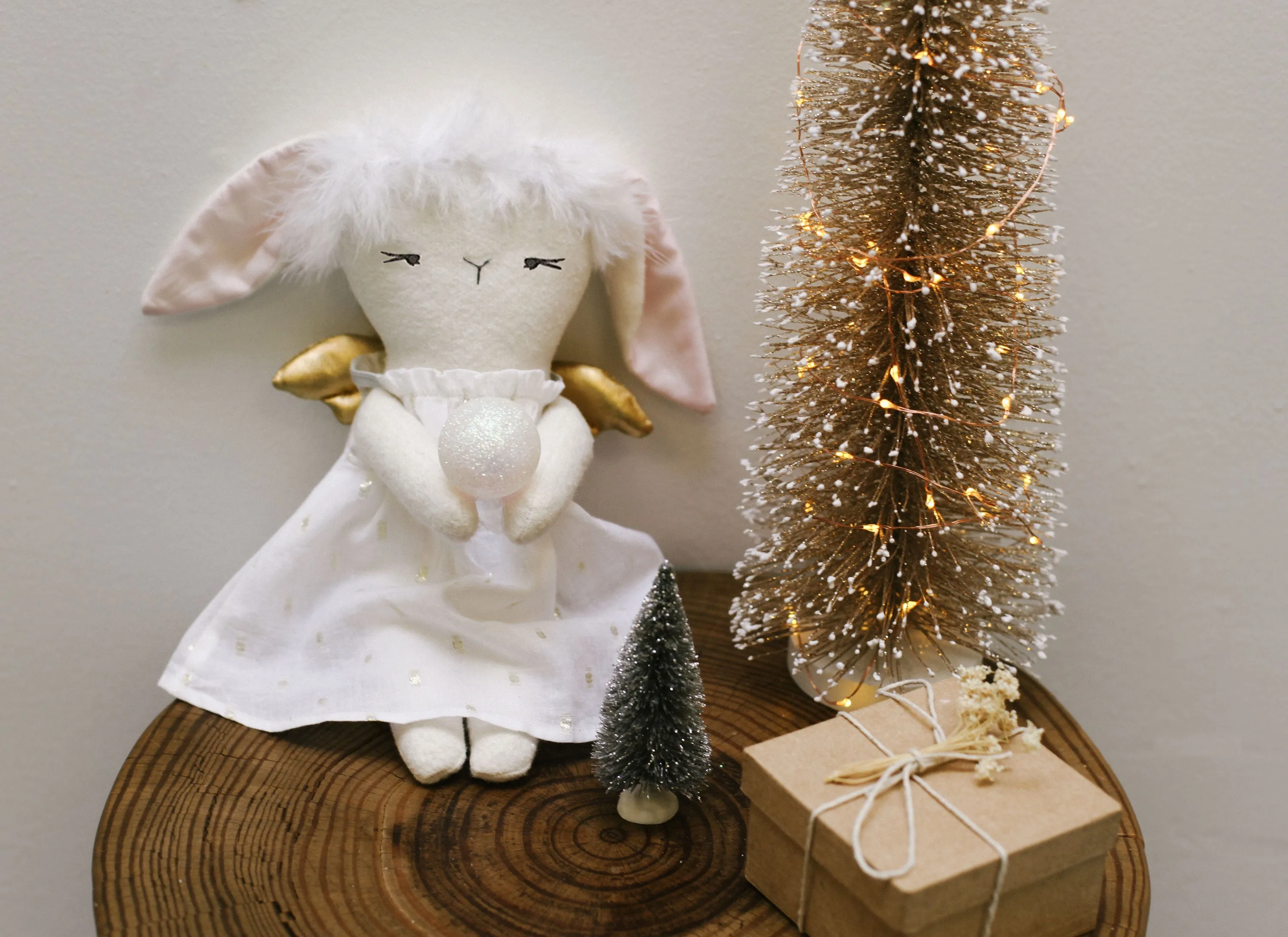 Bunny Angel Doll in Gold Dashed Dress