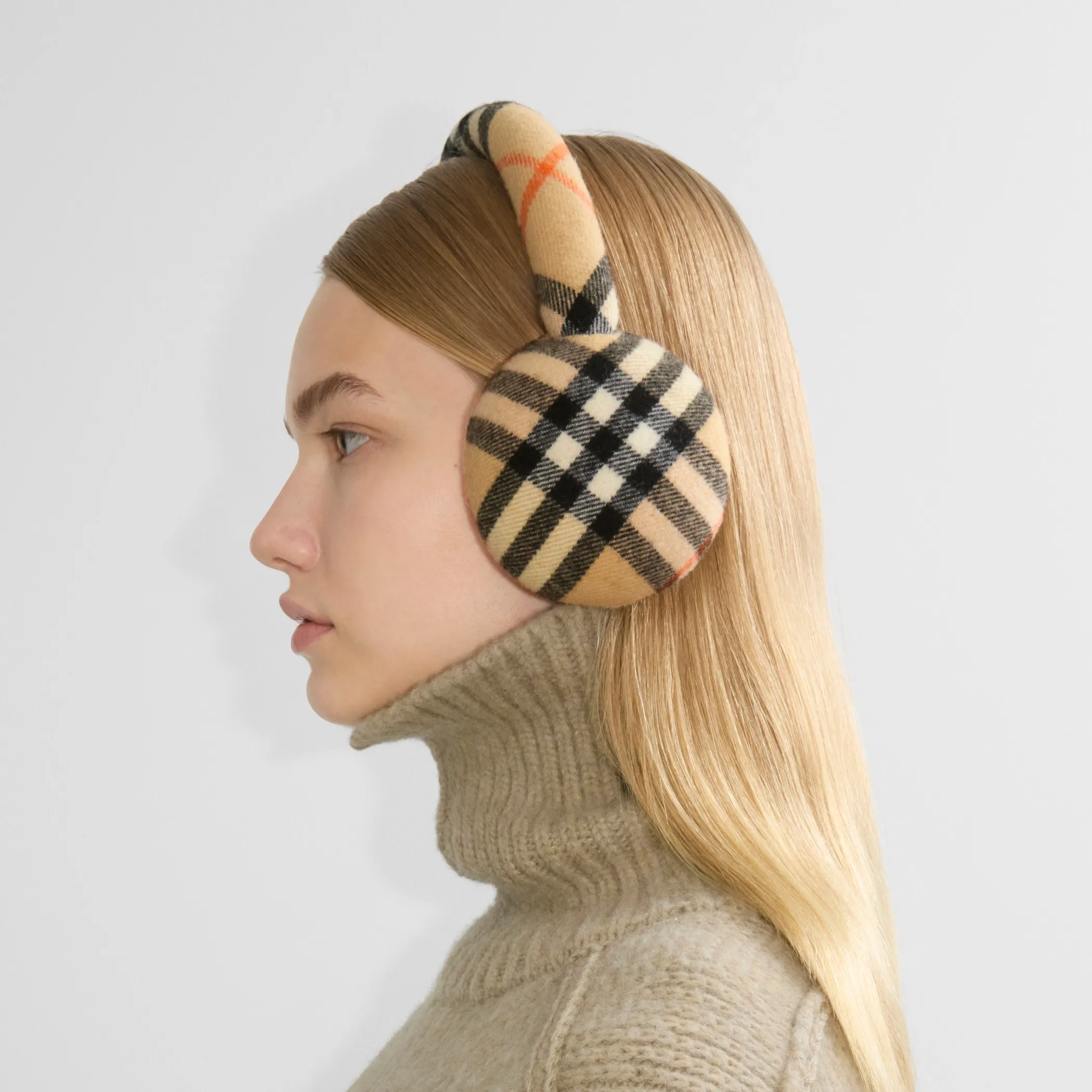Burberry Check Wool Earmuffs in Sand