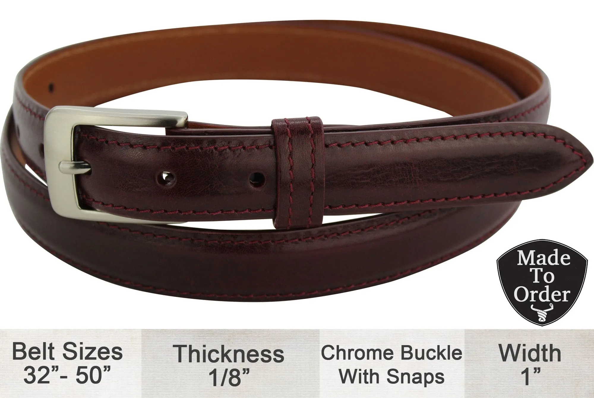 Burgundy Italian Calf Leather Designer 1" Wide Dress Full Grain Leather Belt **Made To Order Allow 5 To 6 Weeks To Ship